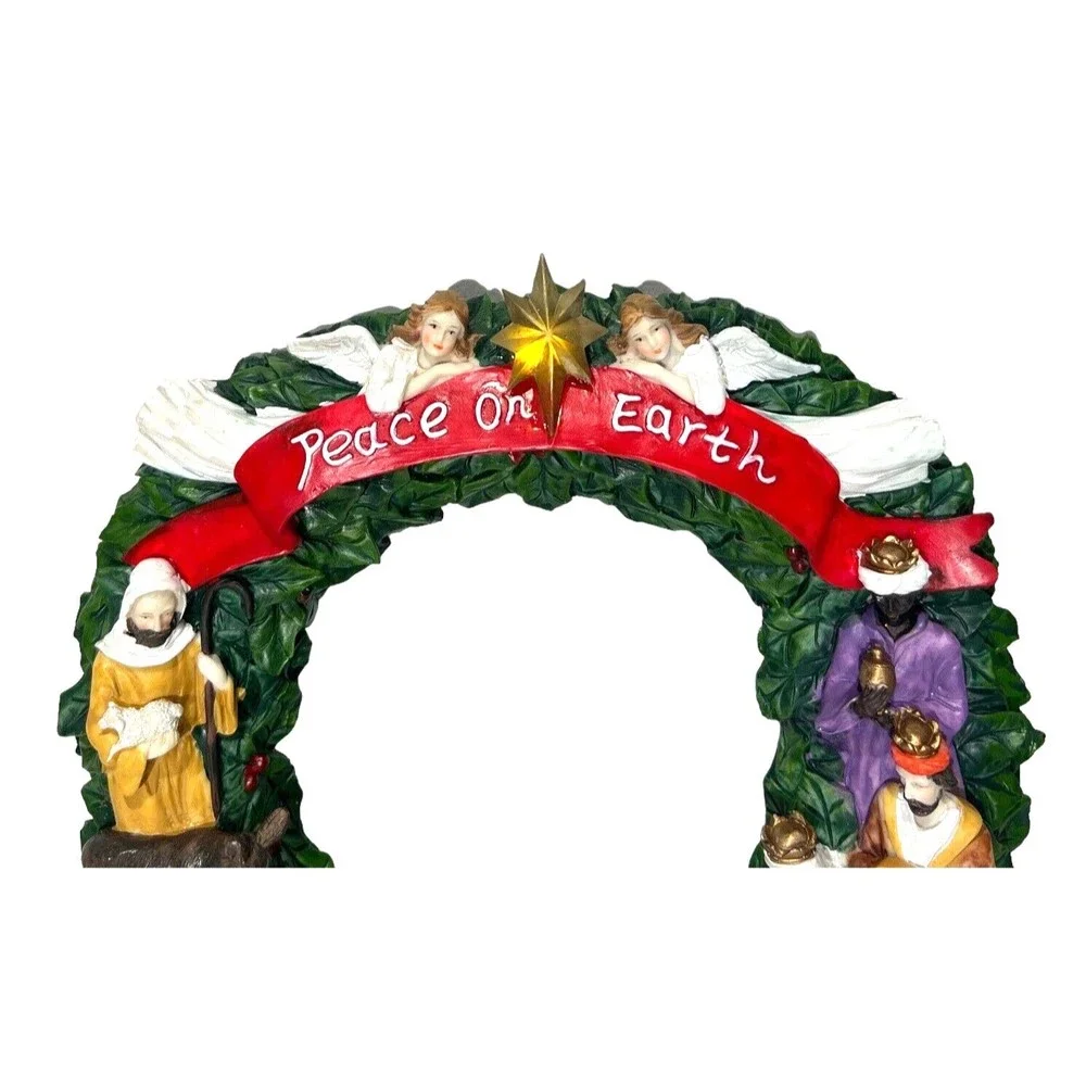 Nativity Christmas Scene Manger w/Top Star Light  Resin 12" Wreath Wall Hanging‎ - Picture 4 of 7